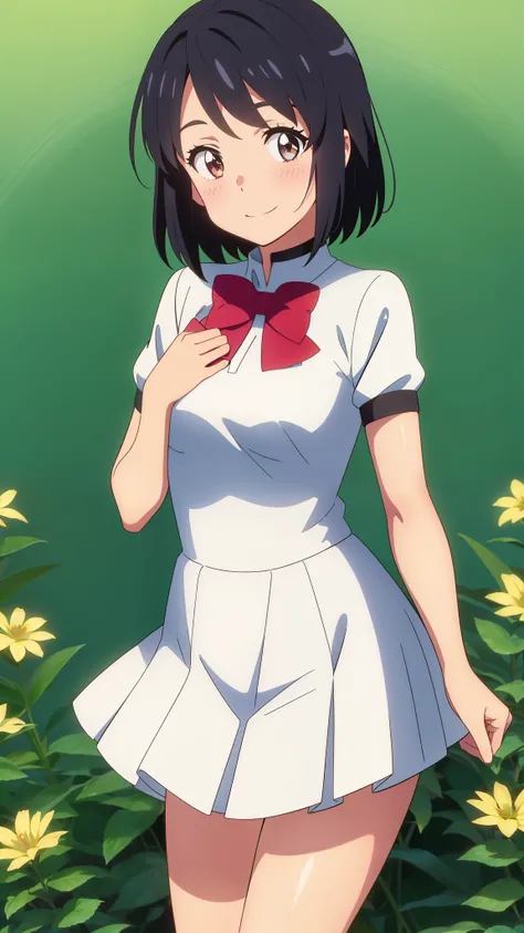 shinkai makoto, kimi no na wa., 1girl, magical girl, bangs, black hair, blush, bright eyes, brown eyes, red bow, short hair, shinny hair, smile, cute, medium breasts, beautiful, shiny skin, looking at the viewer, solo, detachable collar, white dress, short...