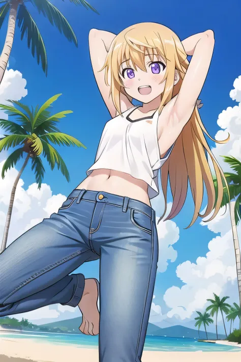 masterpiece,best quality,ultra detail, 1girl, 14yo, petite, ((round face, ecstasy, orgasm face, drooping eyes, shame smiling, blush)), dropping eyes, sleepy, Open mouth, ((White teeth)), background((under the beach, (day:1.2), palm tree, bright sky)), char...