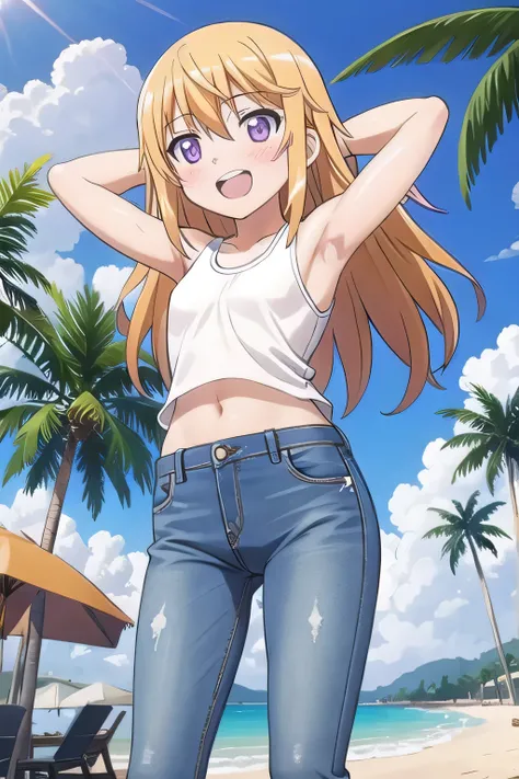 masterpiece,best quality,ultra detail, 1girl, 14yo, petite, ((round face, ecstasy, orgasm face, drooping eyes, shame smiling, blush)), dropping eyes, sleepy, Open mouth, ((White teeth)), background((under the beach, (day:1.2), palm tree, bright sky)), char...