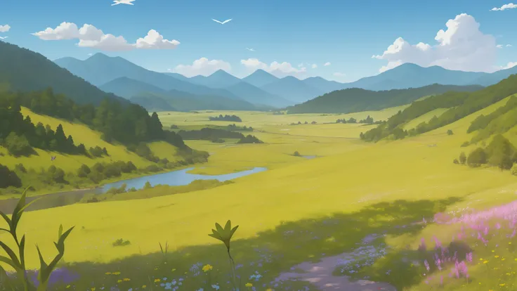 Distant scenery，Green mountains，clear blue skies，Flocks of birds fly in the sky，There are butterflies everywhere，Small river around，tussock，There are flowers on the ground，a warm color palette