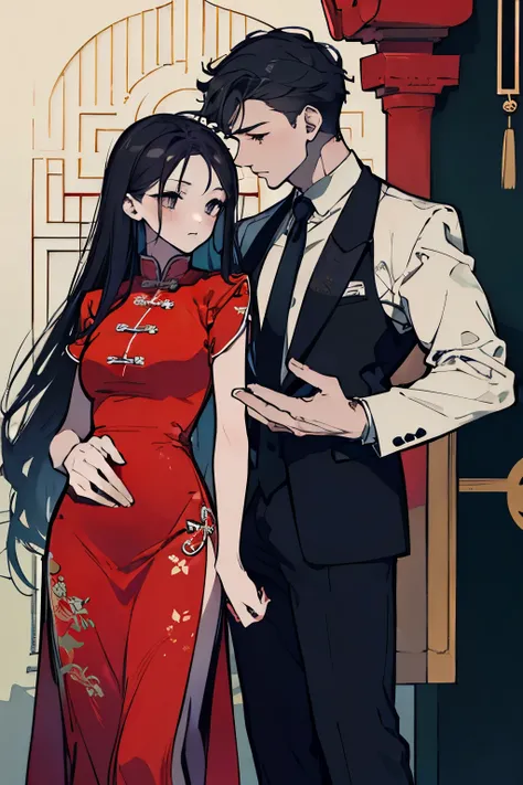  top quality,  masterpiece,  Hi-Res,  a woman in a Chinese dress and a man in a suit、 standing side by side 、close、A man is placing his hand on a woman's waist 