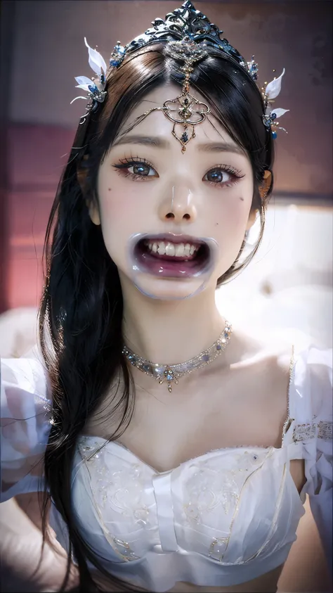 a beautiful young girl, extremely detailed eyes and face, ahegao, look up, long eyelashes, perfect white teeth,blue eyeshadow, nose hook piercing,super wide open mouth, elegant, delicate, serene, flawless white skin, ornate jewelry, detailed ornate headpie...