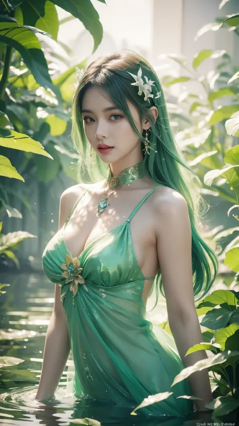 beauty with green hair and flowers floating in water, green fantasy, beautiful beauty, beautiful digital illustration, beautiful artwork illustration, beautiful digital artwork, beautiful gorgeous digital art, beautiful digital art, asian female water elem...