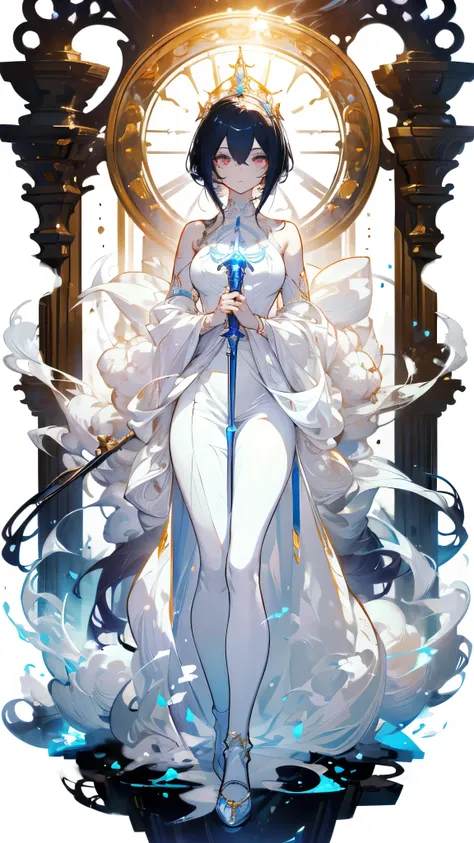 (( masterpiece，  highest quality))， whole body，Standing picture，priest， pure white background， detailed facial ， white and gold ，yarn，Scepter，whole body， perfect body proportions ， Glowing Eyes，Tattoo，  is very beautiful ，transparent，sexy，nude