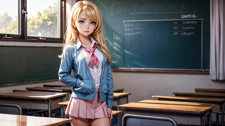 1girl, solo, single girl, young girl, Standing in a classroom, Cute blonde girl wearing revealing pink high-school uniform in classroom, sexy, petite, blue eyes, popular girl, standing in front of the chalkboard, 