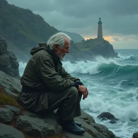 A crestfallen old man sitting on a rock with landscape behind a rough sea with a lighthouse behind