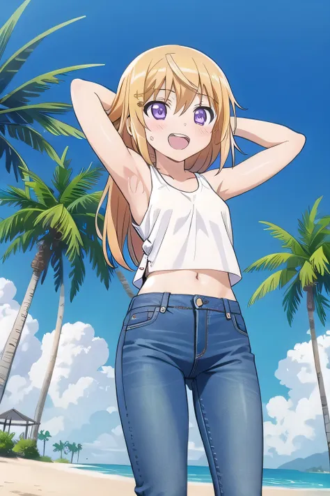 masterpiece,best quality,ultra detail, 1girl, 14yo, petite, ((round face, ecstasy, orgasm face, drooping eyes, shame smiling, blush)), dropping eyes, sleepy, Open mouth, ((White teeth)), background((under the beach, (day:1.2), palm tree, bright sky)), char...