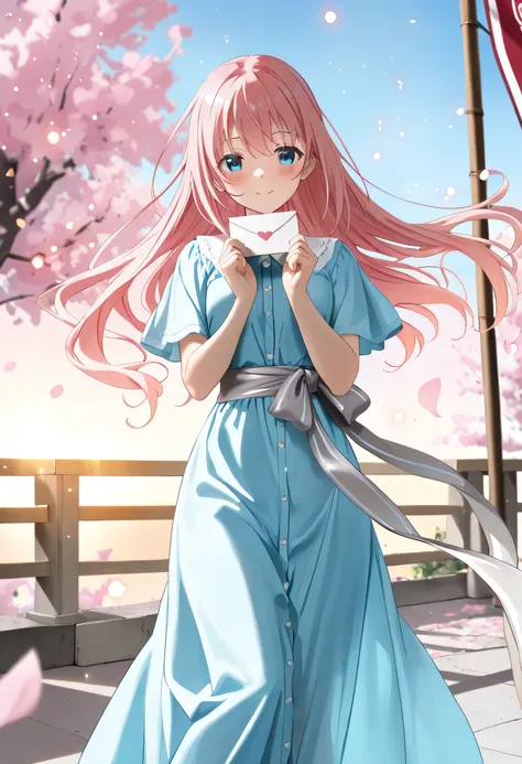 (((lovely girl))), [masterpiece], [best quality], lora:anime_art_style_1.0, outdoor scene, cherry blossom trees, (glowing particles:1.2), (floating petals:1.3), (sunset lighting:1.1), concrete path, silhouetted trees, {heart-shaped pink bubbles:1.2} [chara...