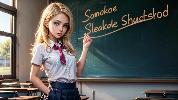 1girl, solo, single girl, young girl, Standing in a classroom, Cute blonde girl wearing revealing pink high-school uniform in classroom, sexy, petite, blue eyes, popular girl, standing in front of the chalkboard, 