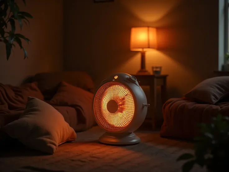 in a dark room you will make a picture with a warm environment focused on a fan heater