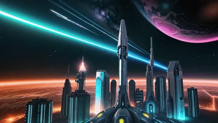 make a cool Sci-Fi Themed Graphic background, colorfull, advanced technology visuals, a futuristic cityscape,  in clean dark outer space, glows laser lighting