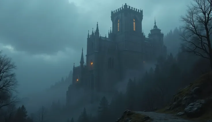 A gloomy large monastery that stands on a mountainside in a dark forest is foggy, Torch light in the windows!