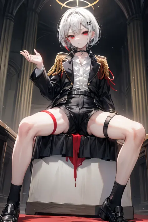 ((최고의 품질)), ((걸작)), (상세한), 완벽한 얼굴, SOLO, 1 BOY, SHOTA, ANIME, beautiful detailed eyes, BOB hair, WHITE hair, RED EYES, BARE thighs, (((BARE LEG))), ((BLACK short pants)), (((dress shirt))), Flat chest, Choker, expressionless, (Thigh strap), Royal palace, G...