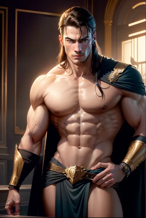 
   light-dark technique in sensual illustration of a masculine ,  26-year-old Italian male model , handsome roman, (John Cena) he is the god of war, he is Ares, MARS,  with an evil appearance ,  strong look ,  light blue eyes,  with a strong jaw , gladiat...