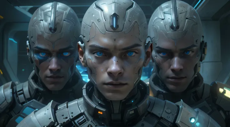 a group of men in armor with blue eyes standing in a row, attractive sci - fi face, elle fanning as an android, cgsociety uhd 4k highly detailed, in a scifi movie, epic scifi movie still, beautiful sci - fi twins, sci-fi cinematic movie still, sci - fi loo...