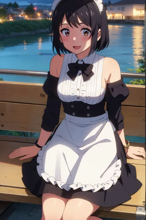 shinkai makoto, kimi no na wa., 1girl, bangs, black hair, brown eyes, blush, maid dress, short dress, Off-the-shoulders, maid, apron, maid headdress, bow, short hair, cute, smile, open mouth, :D, bracelet, thighs, night, scenery, park, lake, cloudy, sittin...