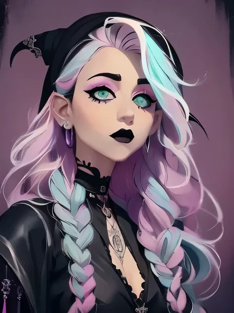 a drawing of a woman with long hair and tattoos on her face, gothic horror vibes, gothic art style, goth vibe, goth aesthetic, gothic aesthetic, pastel goth aesthetic, astral witch clothes, pastel goth, goth girl aesthetic, neo goth, gothic and futuristic,...