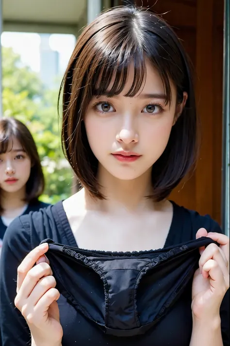 big black panties、  Shortcut、  bob cut from behind、  short hair on a business trip 、Face is close、Close face、Panties in front、  panties 、  very big panties  、Pretty big panties