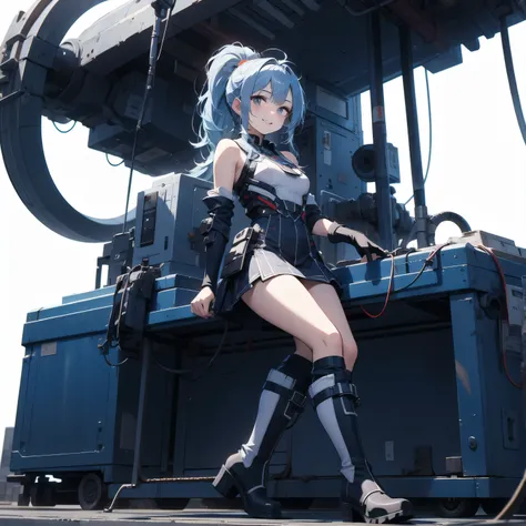  in the seat、 moderate bust、smile、 detailed expressions 、ruanyi0152 、( white background)、 ruanyi0238 、 blue glowing parts 、cable、Complex and precise instruments、Machinery Parts、 high knot ponytail、whole body、 top quality、 Masterpiece、 Hi-Res、 Dynamic Poses...