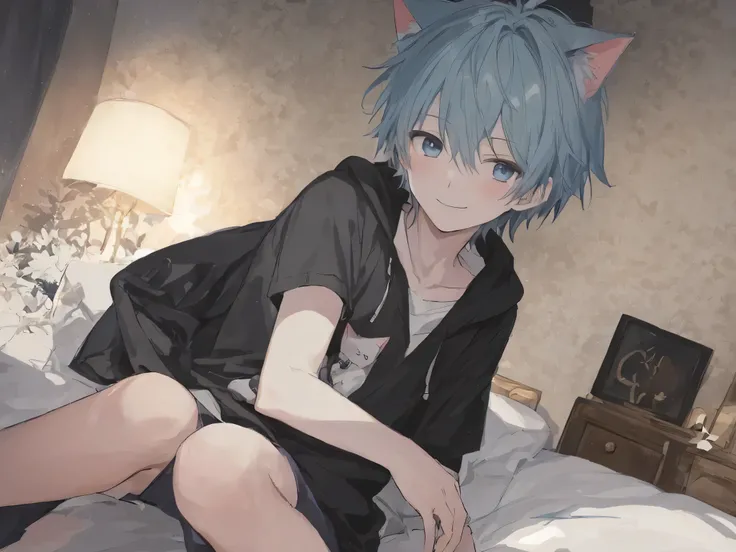 1 Young boy, solo,kaworu nagisa,blue hair, blue eyes, eye highlights,bedroom Background,sitting in bed,Low angle,full-face blush1.6,Smiling a little,hoodie,American Shorthair cat ears,