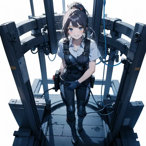  in the seat、 moderate bust、smile、 detailed expressions 、ruanyi0152 、( white background)、 ruanyi0238 、 blue glowing parts 、cable、Complex and precise instruments、Machinery Parts、 high knot ponytail、whole body、 top quality、 Masterpiece、 Hi-Res、 Dynamic Poses...