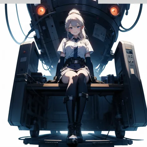  in the seat、 moderate bust、smile、 detailed expressions 、ruanyi0152 、( white background)、 ruanyi0238 、 blue glowing parts 、cable、Complex and precise instruments、Machinery Parts、 high knot ponytail、whole body、 top quality、 Masterpiece、 Hi-Res、 Dynamic Poses...