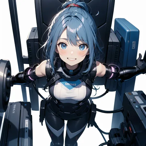  in the seat、 moderate bust、smile、 detailed expressions 、ruanyi0152 、( white background)、 ruanyi0238 、 blue glowing parts 、cable、Complex and precise instruments、Machinery Parts、 high knot ponytail、whole body、 top quality、 Masterpiece、 Hi-Res、 Dynamic Poses...