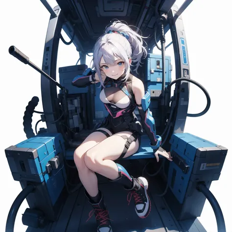  in the seat、 moderate bust、smile、 detailed expressions 、ruanyi0152 、( white background)、 ruanyi0238 、 blue glowing parts 、cable、Complex and precise instruments、Machinery Parts、 high knot ponytail、whole body、 top quality、 Masterpiece、 Hi-Res、 Dynamic Poses...