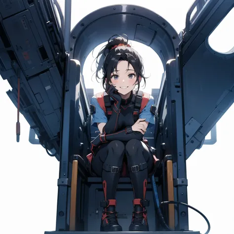  in the seat、 moderate bust、smile、 detailed expressions 、ruanyi0152 、( white background)、 ruanyi0238 、 blue glowing parts 、cable、Complex and precise instruments、Machinery Parts、 high knot ponytail、whole body、 top quality、 Masterpiece、 Hi-Res、 Dynamic Poses...