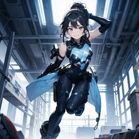  in the seat、 moderate bust、smile、 detailed expressions 、ruanyi0152 、( white background)、 ruanyi0238 、 blue glowing parts 、cable、Complex and precise instruments、Machinery Parts、 high knot ponytail、whole body、 top quality、 Masterpiece、 Hi-Res、 Dynamic Poses...