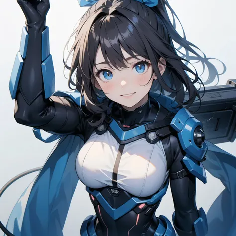  in the seat、 moderate bust、smile、 detailed expressions 、ruanyi0152 、( white background)、 ruanyi0238 、 blue glowing parts 、cable、Complex and precise instruments、Machinery Parts、 high knot ponytail、whole body、 top quality、 Masterpiece、 Hi-Res、 Dynamic Poses...