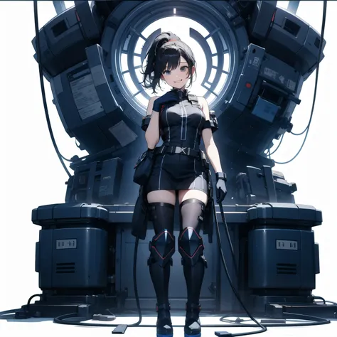  in the seat、 moderate bust、smile、 detailed expressions 、ruanyi0152 、( white background)、 ruanyi0238 、 blue glowing parts 、cable、Complex and precise instruments、Machinery Parts、 high knot ponytail、whole body、 top quality、 Masterpiece、 Hi-Res、 Dynamic Poses...