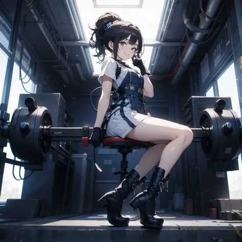  in the seat、 moderate bust、smile、 detailed expressions 、ruanyi0152 、( white background)、 ruanyi0238 、 blue glowing parts 、cable、Complex and precise instruments、Machinery Parts、 high knot ponytail、whole body、 top quality、 Masterpiece、 Hi-Res、 Dynamic Poses...