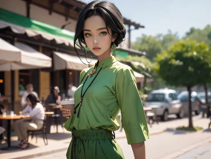 black_hair, blurry, blurry_background, blurry_foreground, bokeh, green_eyes, , white_collared_shirt, green silk scarf, pantaloons, sandals, cosplay_photo, depth_of_field, lips, cafe, kanji, whole body