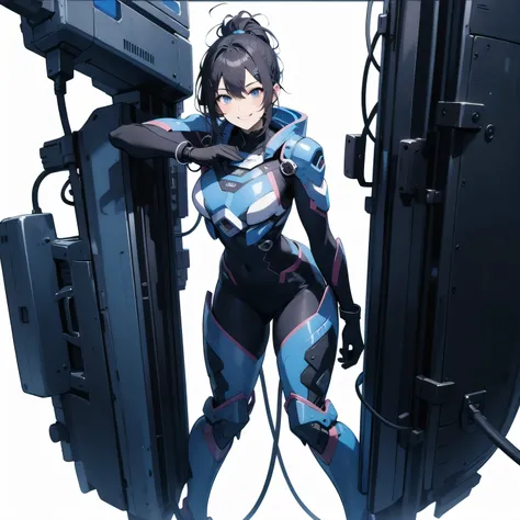  in the seat、 moderate bust、smile、 detailed expressions 、ruanyi0152 、( white background)、 ruanyi0238 、 blue glowing parts 、cable、Complex and precise instruments、Machinery Parts、 high knot ponytail、whole body、 top quality、 Masterpiece、 Hi-Res、 Dynamic Poses...