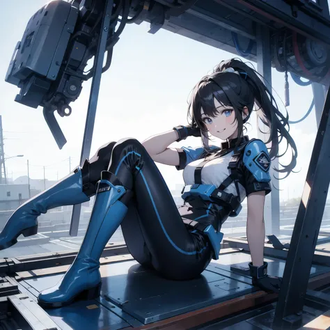  in the seat、 moderate bust、smile、 detailed expressions 、ruanyi0152 、( white background)、 ruanyi0238 、 blue glowing parts 、cable、Complex and precise instruments、Machinery Parts、 high knot ponytail、whole body、 top quality、 Masterpiece、 Hi-Res、 Dynamic Poses...