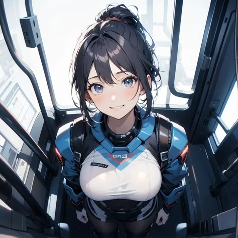  in the seat、 moderate bust、smile、 detailed expressions 、ruanyi0152 、( white background)、 ruanyi0238 、 blue glowing parts 、cable、Complex and precise instruments、Machinery Parts、 high knot ponytail、whole body、 top quality、 Masterpiece、 Hi-Res、 Dynamic Poses...