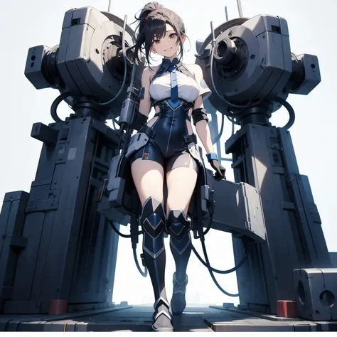  in the seat、 moderate bust、smile、 detailed expressions 、ruanyi0152 、( white background)、 ruanyi0238 、 blue glowing parts 、cable、Complex and precise instruments、Machinery Parts、 high knot ponytail、whole body、 top quality、 Masterpiece、 Hi-Res、 Dynamic Poses...