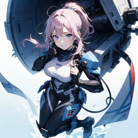  in the seat、 moderate bust、smile、 detailed expressions 、ruanyi0152 、( white background)、 ruanyi0238 、 blue glowing parts 、cable、Complex and precise instruments、Machinery Parts、 high knot ponytail、whole body、 top quality、 Masterpiece、 Hi-Res、 Dynamic Poses...