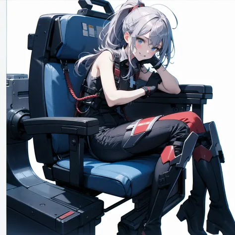  in the seat、 moderate bust、smile、 detailed expressions 、ruanyi0152 、( white background)、 ruanyi0238 、 blue glowing parts 、cable、Complex and precise instruments、Machinery Parts、 high knot ponytail、whole body、 top quality、 Masterpiece、 Hi-Res、 Dynamic Poses...