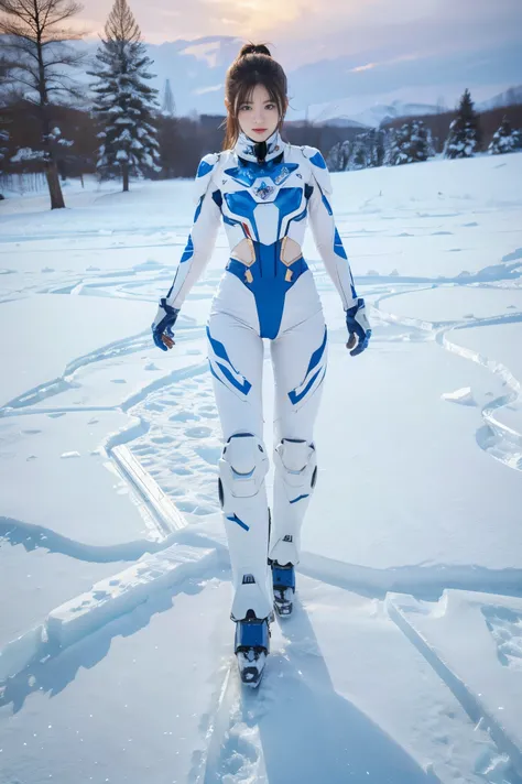 1 girl, Lovely, Ice and Snow World, alone, skinny, wind, Mecha suit, whole body, pretty face, Decorated with intricate patterns and delicate lines, Mecha suit