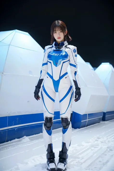 1 girl, Lovely, Ice and Snow World, alone, skinny, wind, Mecha suit, whole body, pretty face, Decorated with intricate patterns and delicate lines, Mecha suit