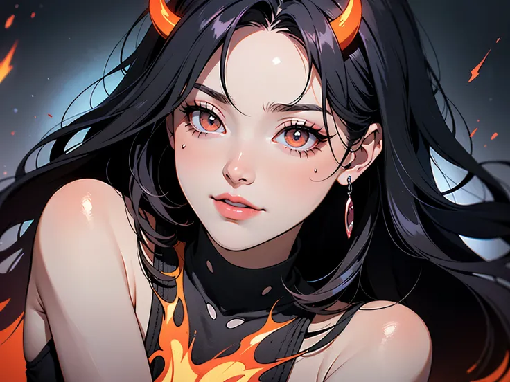 A close-up portrait of a demon woman with molten lava-like cracks on her skin, her fiery eyes glowing intensely. Her horns are jagged and sharp, resembling molten stone, and her expression is one of wrath and destruction, with flames flickering around her ...