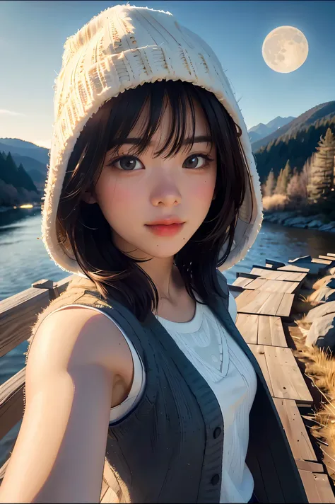 VeronicaCipher ((Upper body selfie, happy)), masterpiece, top quality, ultra detail, solo, outdoors, (night), mountain, nature, (star, moon) cheerful, happy, glove, sweater, hat, flashlight, forest, rock, river, wood, smoke, shadow, contrast, clear sky, an...