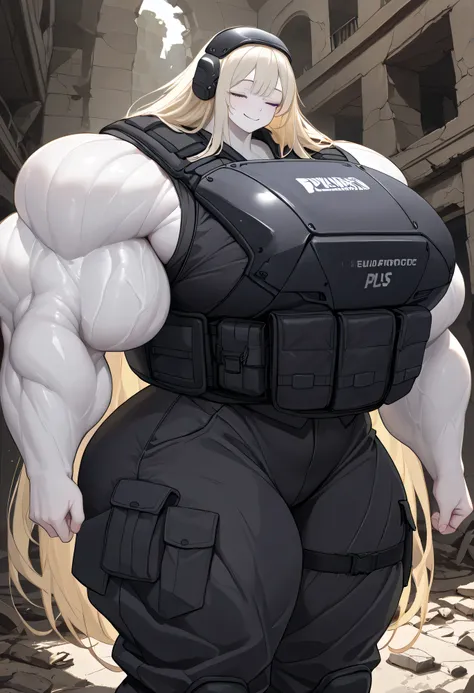 masterpiece, best quality, 1girl, solo, distant view, panorama, (small face:1.2), whitish pale yellow hair, (very long hair, closed eyes, grayish white skin:1.1), (young woman, beautiful:1.2), (black bulletproof vest, lower body protector:1.5), (black carg...