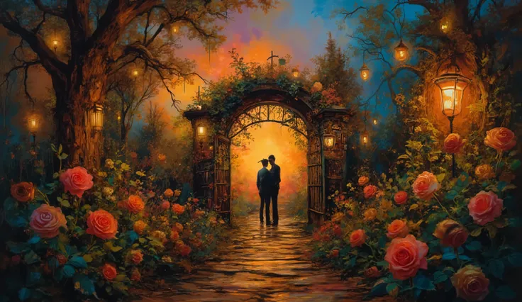 mystical garden scene at twilight with luminous roses in foreground, path winding through mysterious archways covered in climbing plants, dramatic chiaroscuro lighting, couple silhouetted at garden gate, cinematic composition with leading lines, muted colo...