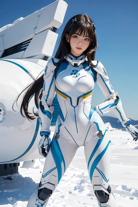 1 girl, Lovely, Ice and Snow World, alone, skinny, wind, Mecha suit, whole body, pretty face, Decorated with intricate patterns and delicate lines, Mecha suit