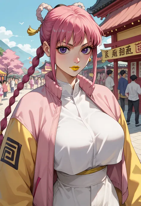 woman, big breasts, pink hair, purple eyes, white skin, yellow lipstick, anime style, braided ponytail, open pink jacket, Japanese festival, Lu Shaotang, Sakamoto Days