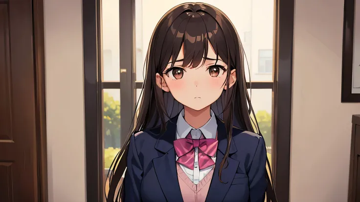 (( Top Quality )), ( Excellent )), ( Details ), One girl, dark brown long hair, medium breasts, dark brown eyes, shy face (0.8), standing in a pink room. She is wearing a navy blue blazer uniform.