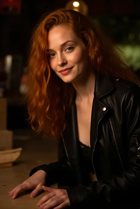 8k, RAW photography of Madelaine Petsch, full body shot, shot taken from far of a beautiful redhaired woman, The model is wearing black leather jacket and lace top in a night bar, Bali, leaning on a wall in bar, Indonesia, green eyes, skin with pores, ligh...